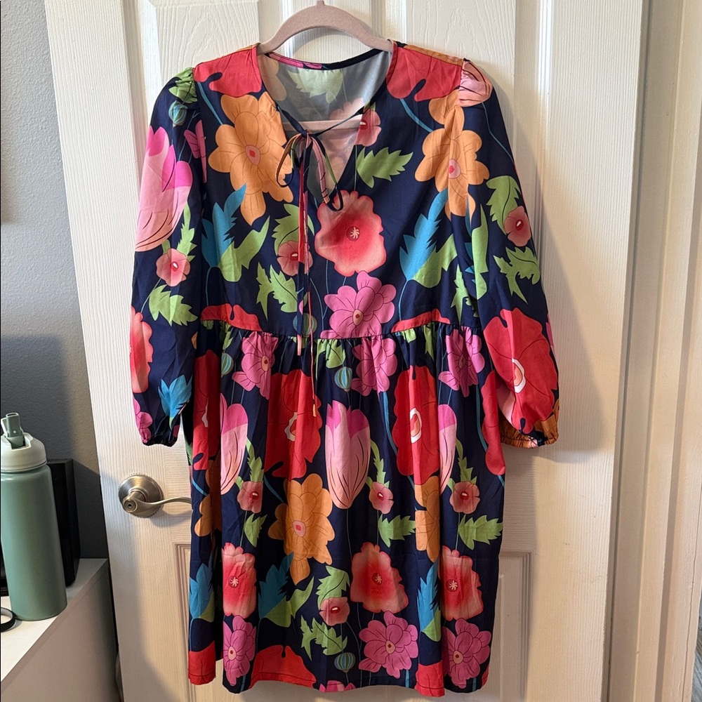 Floral Tie-Neck Dress in Navy with Pink & Orange Blooms